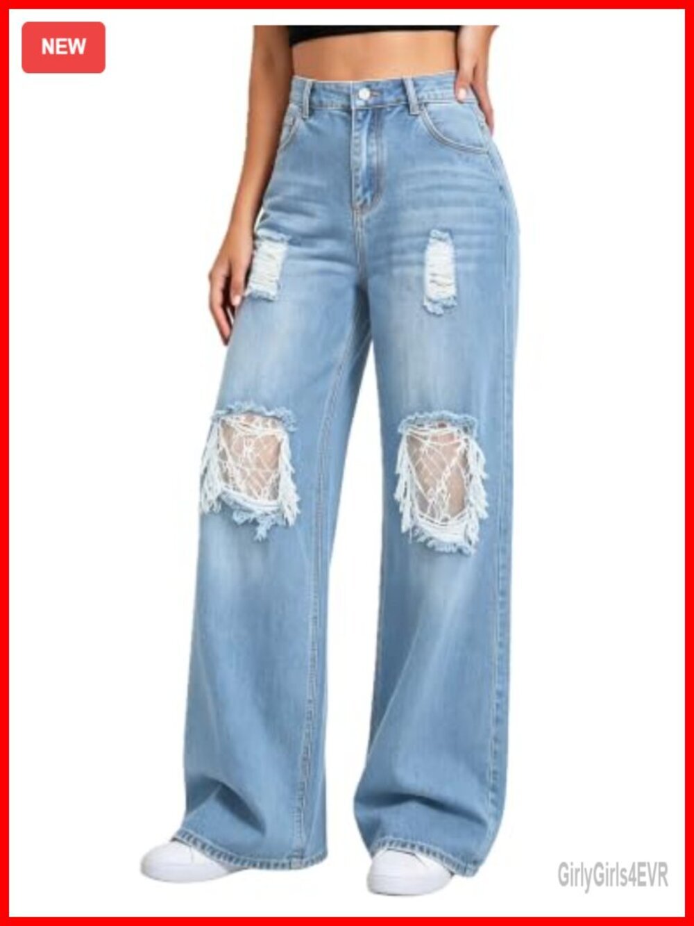 Baggy Wide Leg Ripped Distressed Pull On Stretchy Mid Rise Denim Jeans